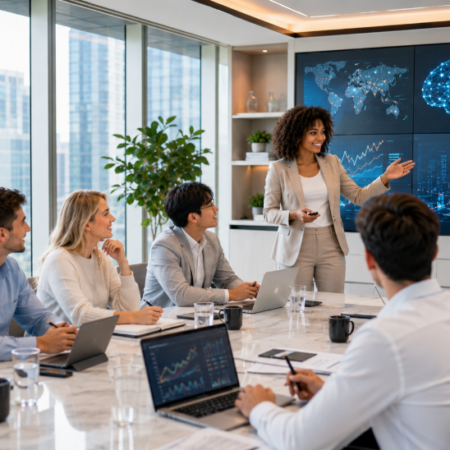 Business leaders participating in AI training session