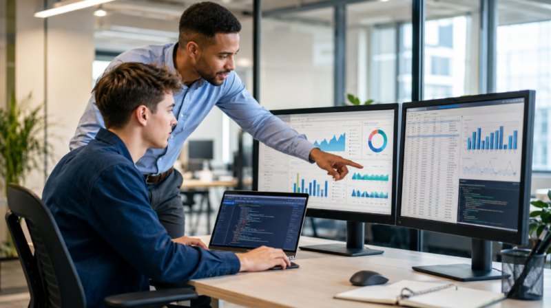 Data analyst apprentice receiving workplace training