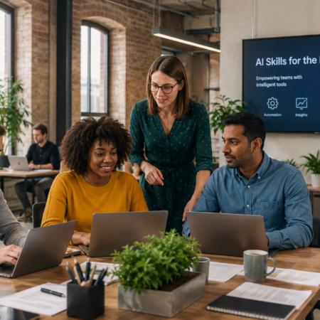Employees using AI training to improve workplace efficiency