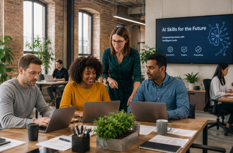 Employees using AI training to improve workplace efficiency